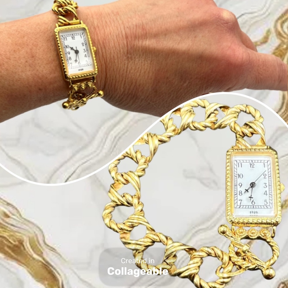 Vintage 1928 Watch Bracelet with Gold Toned Links and Toggle Clasp